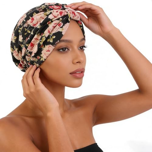 Women's Turban Head Wrap Cancer Chemo Beanies Cap Headwear Cap Bonnet Hair Loss Hat for Sleeping - color: Flower-black