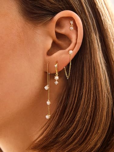 Pearl Earrings for Women, Gold Plated Huggie Hoop Drop Earrings | Hypoallergenic pearl hoop earrings designed for multiple piercings, cartilage styling and everyday wear - style: 4 pearl stud chain earring set-gd