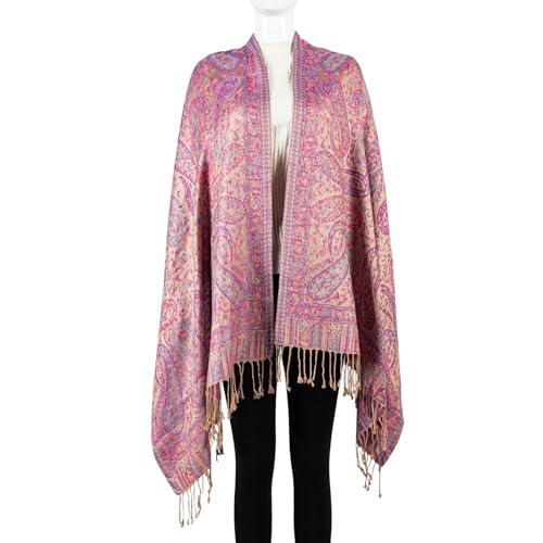 AUSEKALY Pashmina Feel Shawls Wraps for Women Rave Scarf Soft Silky Reversible Men Scarves - color: Pink Beiga