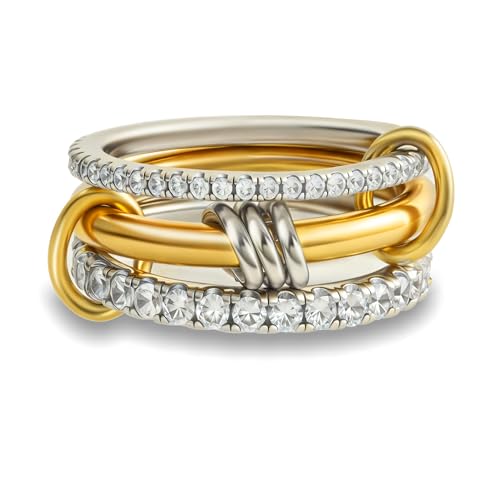 Gold Stackable Rings for Women Non Tarnish, 18k Gold Plated Cubic Zirconia Rings, Silver Gold Multi Ring Mixed Metals Stack Rings Set - color: 2 stones rings, size: 5