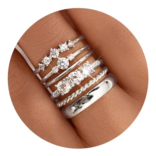 Besteel Gold Rings for Women - Non Tarnish 14K Gold Plated Stackable Rings, Dainty Cubic Zirconia Thin Thumb Ring Set, Trendy Statement Promise Wedding Bands Engagement Ring for Women Size 6-10 - color: Silver Plated