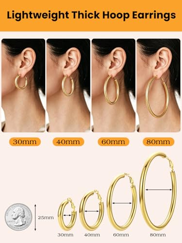 Bestyle 5mm Thick Gold Hoop Earrings Hypoallergenic Hoops for Sensitive Ears Trendy Lightweight Chunky Earrings for Women 30/40/60/80mm - color: 02-Gold, size: 60mm
