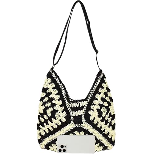 Straw Hobo Bag for Women 2026 Boho Woven Beach Purse Large Summer Straw Tote with Lining Black Raffia Shoulder Bag | straw material - color: Black2 With Adjustable Strap