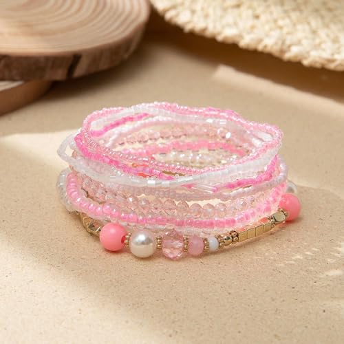 Handmade Bohemian Colorful Crystal Beaded Bracelets Set Multilayered Stackable Boho Stretch Adjustable Bangle Cuff Friendship Summer Beach Jewelry for Women - color: pink