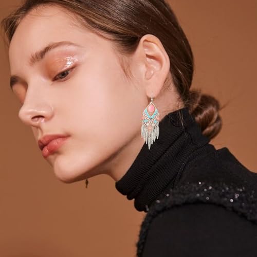Boho Turquoise Drop Earrings Retro Long Copper Feather Tasse Metal Leaf Dangle Earrings Vintage Country Western Jewelry Cowgirl Ethnic Style Geometric Concert Festival Accessories for Women - color: Pink