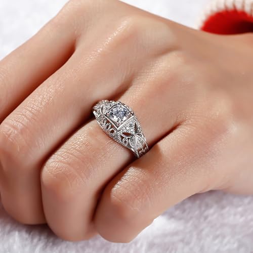 Jeulia Vintage Rings 925 Sterling Silver Round Cut Solitair Diamond Ring Wedding Engagement Statement Ring Band Anniversary Promise Bridal Set with Gift Box