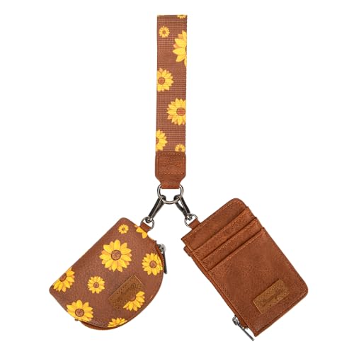 Wrangler KeyChain Wristlet Wallets for Women Sunflower Floral Dual Pouch Wristlet Western Credit Card Holder Wallet with Zipper Pocket - color: Sunflower Brown