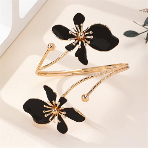 Flower Arm Cuff Bracelets for Women Adjustable Gold Upper ArmBand Jewelry Boho Floral Open Wrap Statement Bangle Bracelet Arm Cuff Jewelry Gifts for Women - color: Black