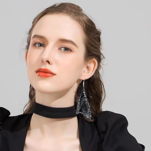 Sequin Earrings for Women Metal Mesh Grid Sequins Tassel Long Drop Dangle Earrings Trendy Charms Bridal Wedding Jewelry - color: Black