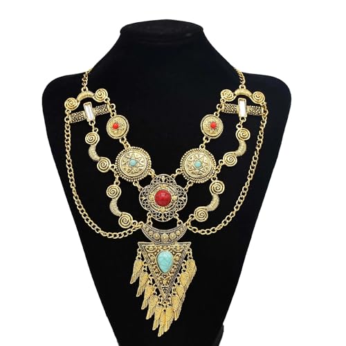 Bethynas Bohemian Ethnic Tribal Chunky Necklace Multilayer Long Tassel Turquoise Statement Neck Chain Retro Coin Gemstone Exaggerated Costume Accessories for Women - color: B-Gold