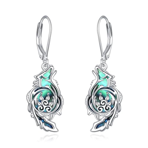 TIGER RIDER Abalone Shell 925 Sterling Silver Dangle Earrings Lightweight Filigree Dangle Drop Earrings for Women - style: wolf