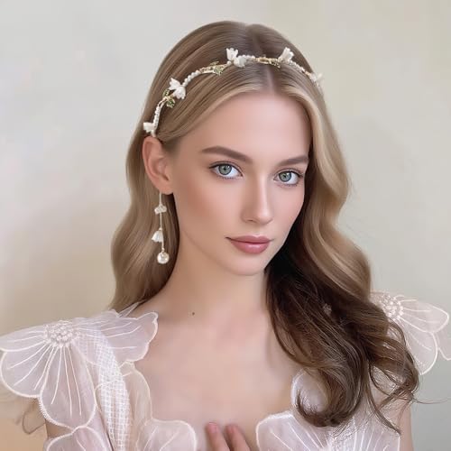 AHONEY White Flower Headband for Women Girls Hair Vine Leaf Boho Headband Wedding Fairy Accessories Headpiece Bridal Crown - color: White