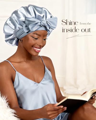 YANIBEST Adjustable Satin Bonnet for Sleeping Women Double Layer Hair Wrap Reduce Friction Prevent Frizz Natural Curly Hair - color: Blue