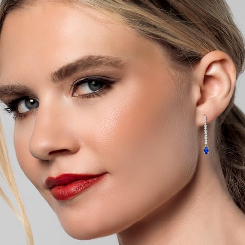 Gem Stone King 14K White Gold Gemstone Birthstone and White Lab Grown Diamond Long Liner Dangle Earrings for Women | Marquise 6X3MM | White Gold Chain Drop Earrings - style: Blue Created Sapphire, September