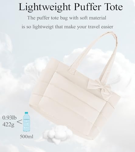 CTWWFS Puffer Tote Bag for Women, Quilted Bow Tote Bag with Cup Holder & 15.6 In Laptop Compartment for Work, Travel, Gym - color: Beige