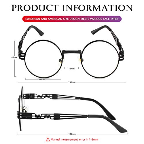 AIEYEZO Round Steampunk Sunglasses for Men Women Retro Circle Hippie Glasses Metal Frame 100% UV Blocking Lens - color: Black/Transparent