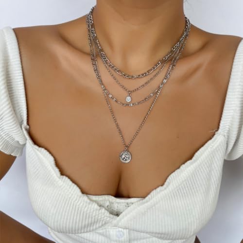 GIGB PBDK Layered Necklaces for Women Dainty 14K Gold Coin Sun Pendant Necklace Exaggerated Stackable Figaro Choker Necklace Trendy Birthday Jewelry Presents - color: Silver