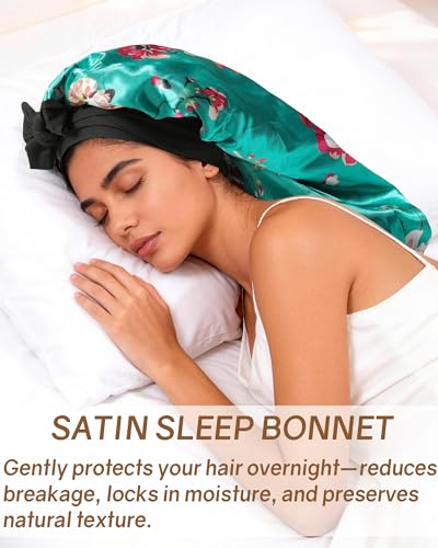 AWAYTR Long Satin Bonnet for Braids - Elastic Silk Hair Bonnets for Sleeping Night Cap Stretchy Tie Band for Women（Flower A） - color: Flower A