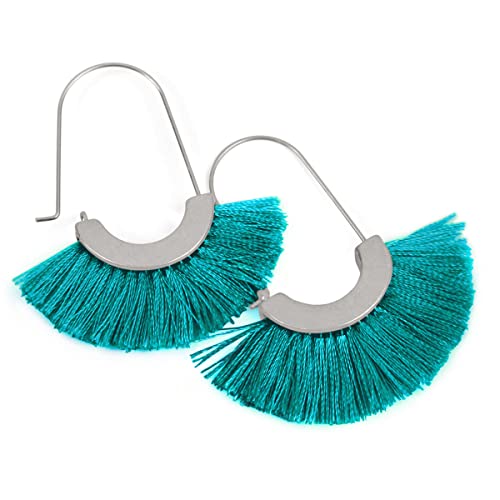 Bohemian Silky Thread Tassel Strand Fringe Statement Hoop Earrings - Lightweight Semi Circle Fan Threader, Mermaid Hoops - color: Fan Tassel Threader - Matte Silver Turquoise