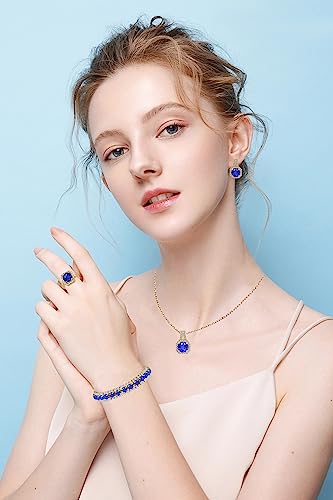Paxuan 4pcs Cubic Zirconia Wedding Jewelry Sets for Bride Bridesmaid Cubic Zirconia Pendant Necklace Earrings Link Tennis Bracelet Open Ring Set for Women - color: Gold Plated Sapphire Cubic Zirconia