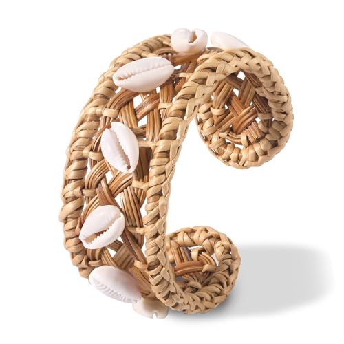 Rattan Bracelet Handmade Lightweight Straw Wicker Braid Cuff Bangle Bracelet Statement Adjustable Bohemian Rattans Woven Chunky Bracelets for Summer Wrist Jewelry - style: H Rattan Shell Bracelet