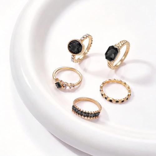 Black Obsidian Ring Stackable Gold Tone Oval Black Stone Statement Ring for Women Party Date Night Jewelry Gift - color: A1:black obsidian rings