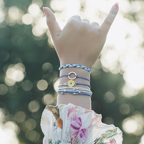 FANCY SHINY Easter Gifts Basket Stuffers Sunflower String Bracelet Boho Braided Rope Wrap Bracelets Cute Summer Beach Surfer Jewelry for Women - color: Royal Blue