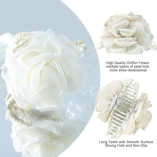 Large Chiffon Rose Flower Hair Claw Clips Boho Mesh Floral Hair Pins Barrettes Strong Hold Non-Slip Beach Vacation Hair Accessories for Women (White Large Chiffon Claw with Pearl) - color: White Large Chiffon Claw with Pearl