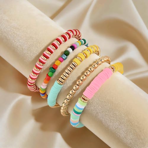 VIBILIA Gold Beaded Bracelets Set for Women 14K Gold Plated Dainty Pearl Cross Bracelet Stack Stretch Bracelet Set Fashion Accessories Gifts - color: 5P-RTMZ-Color