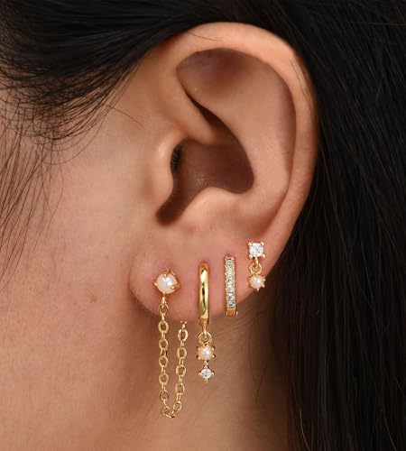 6 Pairs 14K Gold Plated Stud Earrings for Women, Hypoallergenic Cartilage Earrings for Multiple Piercing, Dainty Small Stackable Earrings Set for Jewelry Gift - color: Gold-4 Pairs Chain