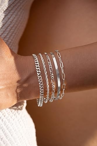 Dearmay Gold Bracelets for Women Waterproof, 14K Gold Plated Minimalist Bracelets Stack Non Tarnish Trendy Dainty Herringbone Vintage Cuban Paperclip Rope Thin Box Link Chain Stackable Jewelry Sets Modern Fashion Accessories Gifts for Womens - style: 5Pcs