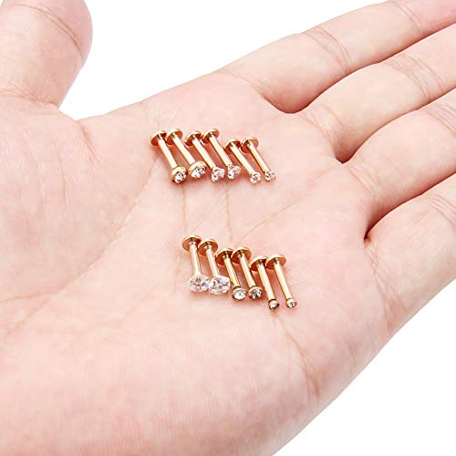 SCERRING 6 Pairs 14G Stainless Steel Clear CZ Internally Threaded Labret Monroe Lip Tragus Cartilage Helix Earring Ring Body Piercing Jewelry 6-10mm - style: 8mm Rose Gold