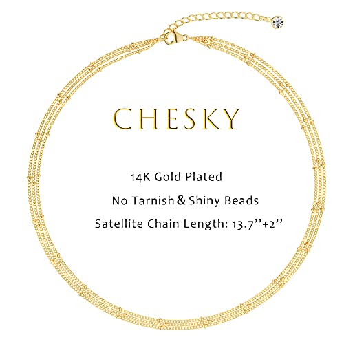 CHESKY 14k Gold Plated/Silver Plated Dainty Necklace for Women, Trendy Satellite Choker Necklace Thin Beaded Layered Choker Necklaces Discs Paperclip Chain Necklaces Womens Simple Jewelry - style: 3beads-gold