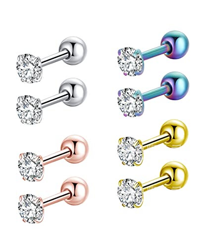 Tanyoyo 4mm Surgical Stainless Steel Ear Piercing Studs Earrings sets 5-6 Pair Mixed Colors High Polished 16G ¡­ - style: B: 4 COLOR CZ