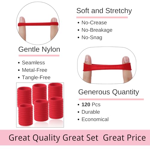 LuSeren 120 Pcs Deep Red Hair Ties for Women, No Damage Soft Seamless Nylon Hair Elastics for Thick Hair,Ponytail Holders, Hair Accessories - color: Reds