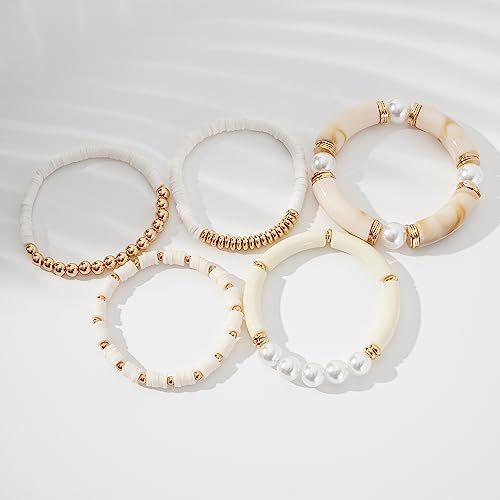 GOOJIDS Simple Beaded Gold Plated Bangles Bracelet Chunky Bamboo Tube Curved Stacking Clear Acrylic Colorful Beads Stretchable Gold Plated Bracelets Set For Women - color: A-A2 White Set