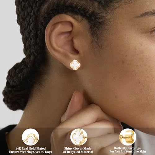 Elegant Black Onyx Clover Stud Earrings, 14K Gold Plated Four Leaf Hypoallergeinc Stud Stainless Steel Flower Earring Lucky Simple Jewelry Gift for Women Shiny Multiple Onyx Colors - color: White Clover Stud Earrings