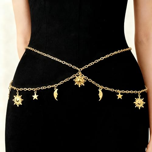 MODRSA Silver Gold Belt Chain Belt for Women Fashion Plus Size Pearl Waist Chains Metal Layered Gold Belts Chains no Tarnish Trendy Pirate Belly Belts for Women Dress Sun Moon Star Waist Jewelry - color: B1- dangle star sun moon -gold