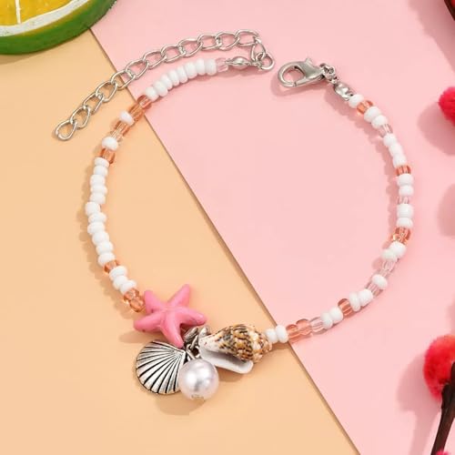 Ankle Bracelet for Women Beach Puka Shell Anklet Waterproof Starfish Seashell Pearl Anklets Stretch Beaded Ankle Bracelets Boho Beach Anklet Jewelry for Summer Beach Party - color: Pink