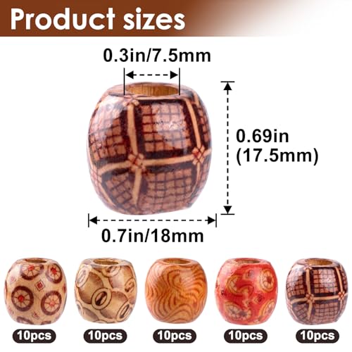 Pndeyo 50pcs Wooden Beads for Crafts, Round Large Hole Natural Wood Hair Bead, Vintage Wooden Spacer Beads for Macrame Necklace Bracelet DIY Craft Handmade Decor - color: Brown,50pcs,B Style