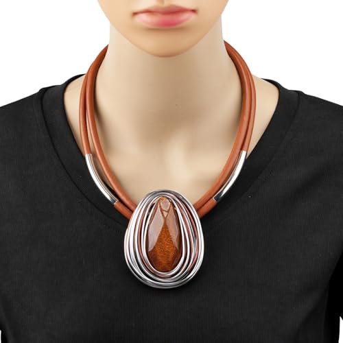 Ethnic Crystal Rhinestone Pendant Necklace Earrings Set Women Handmade Tribal Collar Choker Chunky Metal Bib Rope Chain African Statement Jewelry Set - color: NXR1484-brown