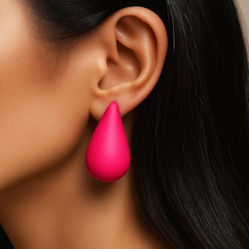 14K Gold Clip On Earrings Women,Teardrop Chunky Detachable Hoop Clip-On Earrings for Non Pierced Ears Hypoallergenic Lightweight Earring Clips - color: Hot Pink