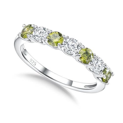 3.5mm Stackable Rings S925 Sterling Silver Created Birthstone & Cubic Zirconia Ring for Women Wedding Bands Anniversary Birthday Jewelry Size 6 to 10(with Box) - color: 08-Created Peridot & CZ-Aug