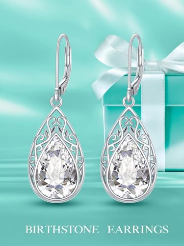 POIUY Gifts for Women Hypoallergenic Teardrop Filigree Birthstone Leverback Dangle Earrings 18K White Gold Fashion Jewelry Anniversary Wedding Birthday Gifts for Women Daughter Sister Girlfriend Wife - style: 4-April Birthstone Earrings