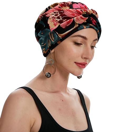 ZLYC Chemo Headwear for Women Pre Tied Turban Headwear Lightweight Beanie Hat - color: Flowers Black
