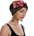 ZLYC Chemo Headwear for Women Pre Tied Turban Headwear Lightweight Beanie Hat - color: Flowers Black