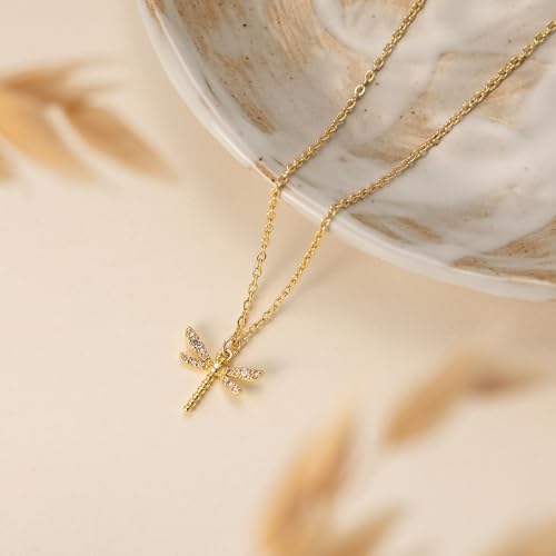 LLWOM Gold Necklace for Women-14k Gold Plated Infinity Necklace Star Of David Necklace Evil Eye Cross Pendants Heart Dainty Gold Necklace For Women - color: Gold, style: Dragonfly Necklace