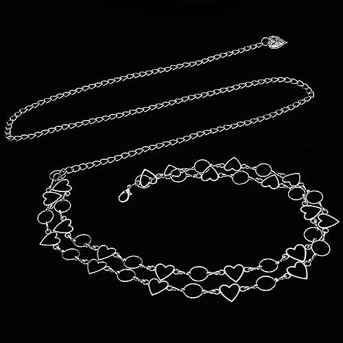 Long Tassel Waist Chain Belt for Women, Adjustable Metal Body Belly Belt Chain for Dress - color: Silver Double Heart, size: L: (Fit Waist 51.2in)