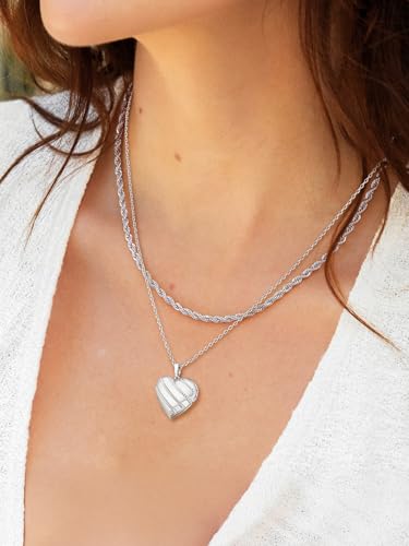 U7 Women Locket Necklace Platinum 14K Gold Photo Lockets that Hold Picture,Chain 20 Inch Personalized Gift Custom Love Heart Image Necklaces - color: 05# Platinum Stripe