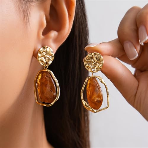 Irregular Crystal Dangle Earrings,Vintage Baroque Pearl Stud Melted Liquid Metal Wrinkle Drop Earring Geometric Statement Earrings for Women - color: Brown